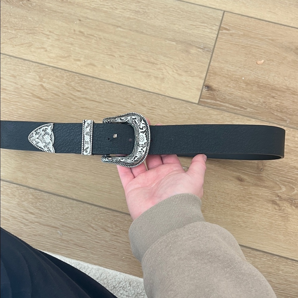 Black Leather Belt with Silver Buckle